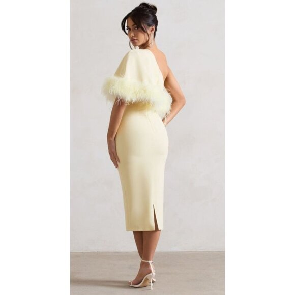 Club L London Victory | Lemon Asymmetric Midi Dress With Feather Trim Size US 8 - Picture 3 of 10